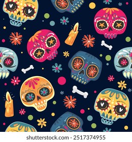 Day of the Dead. Seamless vector pattern with sugar skulls and flowers. Childish background for fabric, wrapping paper, textile, wallpaper and apparel. Vector illustration