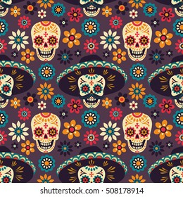Day of the Dead. Seamless vector pattern with sugar skulls and flowers on dark background.