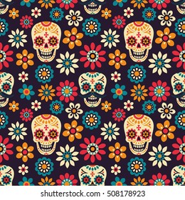 Day of the Dead. Seamless vector pattern with sugar skulls and flowers on dark background.