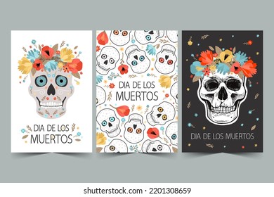 Day of the Dead. Set of cute posters. Skull in a wreath of flowers. Vector modern illustrations with lettering design.	