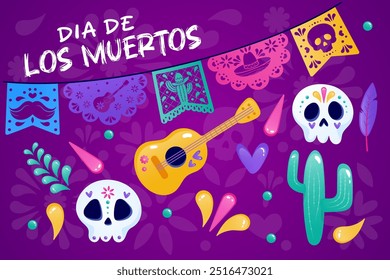 Day of the Dead set, elements on a purple background. Flags, skull, guitar, cactus.