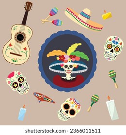 Day of the Dead set flat vector. Day of the Dead concept. Dia De Los Muertos. Mexican traditional culture.