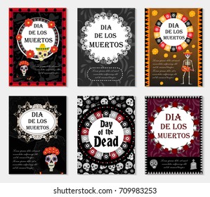 Day of the dead set flyer, poster, invitation with roses, skeleton, and sugar skulls. Dia de Muertos cards templates collection for your design. Holiday in Mexico concept. Vector illustration