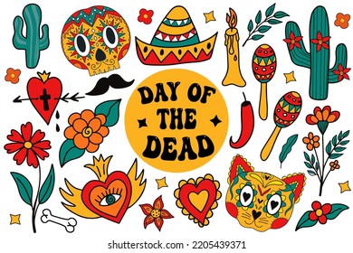 Day of the dead set. Groovy Dia de los Muertos collection clip art hand drawing style. Mexican holiday Halloween with sugar skulls sacred heart