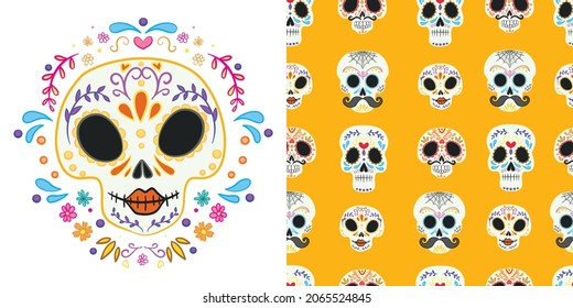 Day of the dead set for the day of the dead illustration and seamless patterns with skulls, tombstones, tequila, flowers and candles for Dia de los mueros and Halloween. Vector