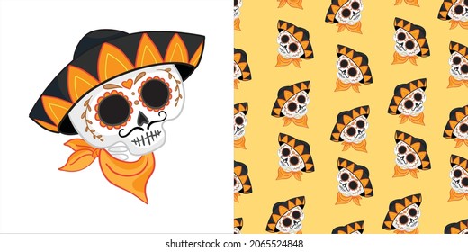 Day of the dead set for the day of the dead illustration and seamless patterns with skulls, tombstones, tequila, flowers and candles for Dia de los mueros and Halloween. Vector