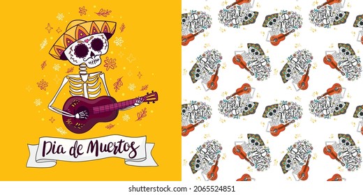 Day of the dead set for the day of the dead illustration and seamless patterns with skulls, tombstones, tequila, flowers and candles for Dia de los mueros and Halloween. Vector