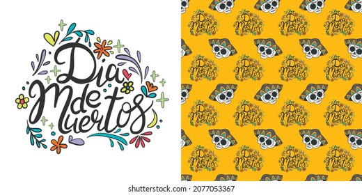 Day of the dead set for the day of the dead illustration and seamless patterns with skulls, tombstones, tequila, flowers and candles for Dia de los mueros and Halloween. Vector