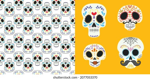 Day of the dead set for the day of the dead illustration and seamless patterns with skulls, tombstones, tequila, flowers and candles for Dia de los mueros and Halloween. Vector