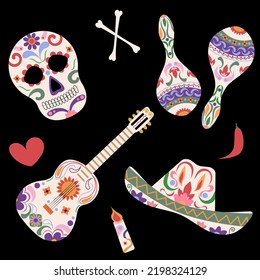 Day of the dead set. Day of the Dead in Mexico. Vector illustration. Collection of skulls, maracas, guitar, bones.