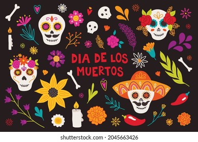 Day of the dead set with scull, flower, bone, candle, marigold, chamomile, leaves, sparkles, heart, sunflower, pepper. Dia de los muertos. Perfect for Mexican holiday, party flyer, greeting card