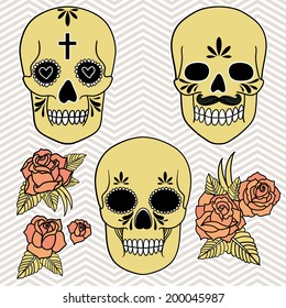 Day of the dead. Set of skulls with roses and leaves. Vector illustration.