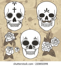 Day of the dead. Set of skulls with roses and leaves. Vector illustration. Grunge background with drops and splashes