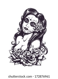Day of dead sexy girl with roses isolated on white. Black and white vector illustration.