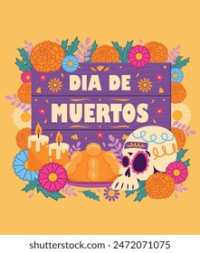 Signo del Día de Muertos, decorado con caléndulas, velas, pan de muertos y calavera de azúcar, México