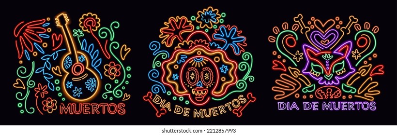 Day the dead signs in neon light style  Line art drawing includes guitar   sugar skull decorated and flowers black background 
