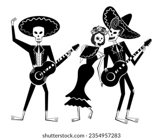 Day of the Dead skeleton band. Dia de los Muertos skeleton character set with two mariachi playing guitars and one singer with fan. Mexican traditional festival concept.