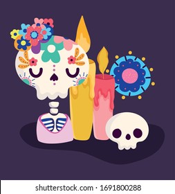 day of the dead. skeleton candle and flowers decoration traditional celebration mexican vector illustration