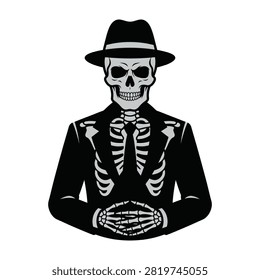 Day of the Dead skeleton character dressed in formal black suit, tie, and hat. Stylized sugar skull design for Halloween, Dia de Muertos, and tattoo flash art.