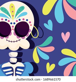 day of the dead, skeleton with earring decoration traditional mexican celebration vector illustration