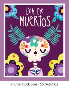 Day of the dead, skeleton with flower and branch decoration. Traditional celebration mexican poster vector illustration
