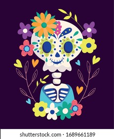 day of the dead, skeleton flowers festive traditional mexican celebration vector illustration
