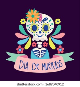 day of the dead, skeleton flowers leterring traditional mexican celebration vector illustration