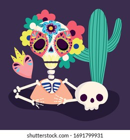 day of the dead. skeleton with flowers skull cactus and heart decoration traditional celebration mexican vector illustration