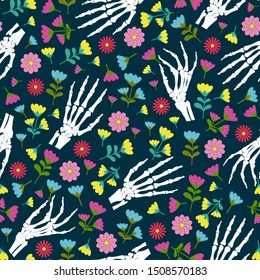 Day of the Dead skeleton hand and flower seamless pattern on green background. Dia De Los Muertos celebration pattern background. Halloween vector illustration