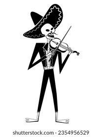 Day of the Dead skeleton mariachi character with mustache, in sombrero, playing violin. Dia de los Muertos. Mexican traditional festival concept.