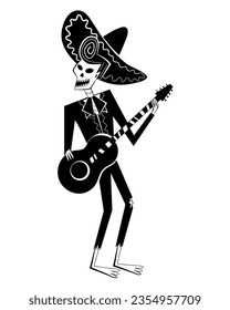 Day of the Dead skeleton mariachi character with in sombrero, playing guitar. Dia de los Muertos. Mexican traditional festival concept.