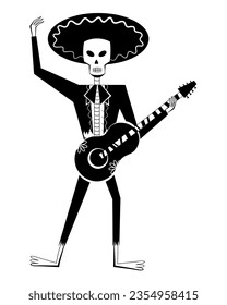 Day of the Dead skeleton mariachi character with in sombrero and guitar. Dia de los Muertos. Mexican traditional festival concept.