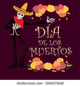 day of the dead, skeleton with mariachi suit and hat flowers decoration, mexican celebration vector illustration