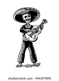 Day of the Dead. The skeleton in the Mexican man national costumes sing and play the guitar. Vector hand drawn vintage engraving for poster, label. Isolated on white background