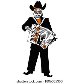 Day of the Dead. The skeleton in Mexican national costumes dance, play the harmonic. Dia de los Muertos lettering. Vintage vector black engraving illustration isolated white background