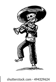Day of the Dead. The skeleton in the Mexican national costumes dance and play the trumpet. Vector hand drawn vintage engraving for poster, label. Isolated on white background