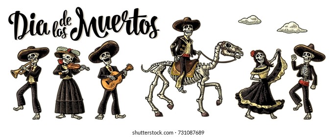 Day the Dead  The skeleton in Mexican national costumes dance  play the guitar  violin  trumpet  Dia de los Muertos lettering  Vintage vector color engraving illustration isolated white background