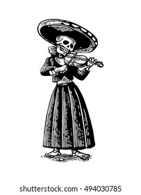 Day of the Dead. The skeleton in the Mexican woman national costumes sing and play the violin. Vector hand drawn vintage engraving for poster, label. Isolated on white background