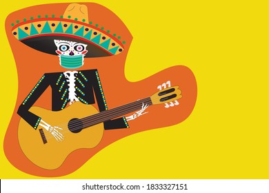 Day of the dead skeleton party with mack. White sugar skull skeleton characters, dancing and music playing dead mexican ancestors vector illustration. Covid-19 conception