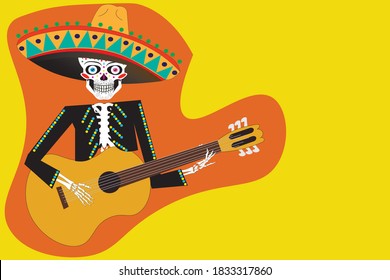 Day of the dead skeleton party. White sugar skull skeleton characters, dancing and music playing dead mexican ancestors vector illustration