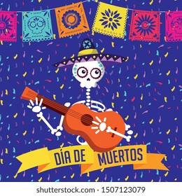 day of the dead with skeleton playing guitar with mexican bunting cartoon. vector illustration