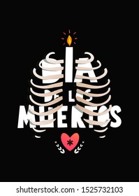 Day of the dead with skeleton ribs and lettering Dia de los Muertos Poster Design. Mexican Holiday invitation or greeting card template with hand drawn sign and skeleton.