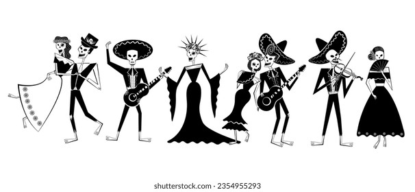 Day of the Dead skeleton set. Dia de los Muertos skeleton characters. Mexican traditional festival, mexican Halloween concept.