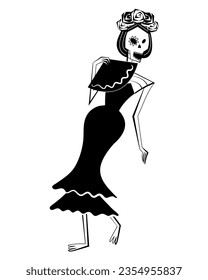 Day of the Dead skeleton singer character with fan. Dia de los Muertos. Mexican traditional festival concept.