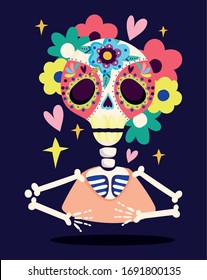 day of the dead. skeleton skull flowers flower decoration traditional celebration mexican vector illustration