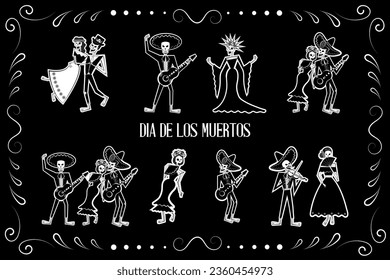 Day of the Dead skeleton sticker set. Dia de los Muertos skeleton characters. 