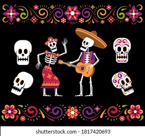 Day of dead skeleton sugar skull and mexican floral ornament. Dia de los muertos decoration. Vector illustration.