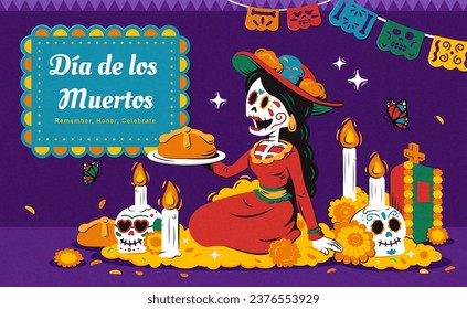 Day of the dead skeleton woman with bread sitting on pile of marigolds petals on purple background.