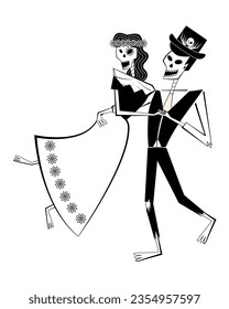 Day of the Dead skeletons. Dia de los Muertos skeleton dancing couple characters. Mexican traditional festival concept.