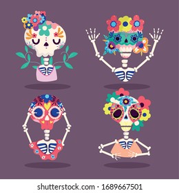 day of the dead, skeletons flowers characters decoration traditional celebration mexican vector illustration